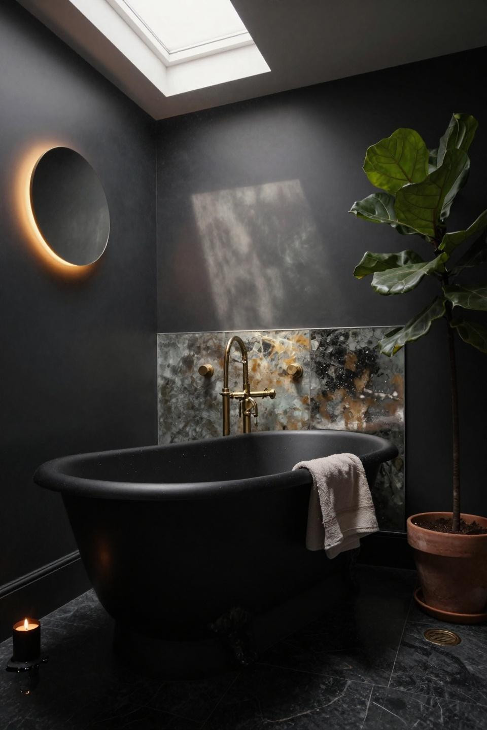 small black bathroom ideas with matte black tub on honed limestone floor