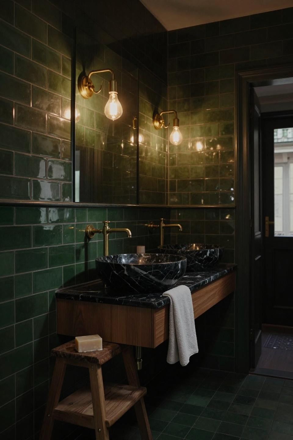 bathroom dark walls with forest green subway tile wainscoting and brass sconces