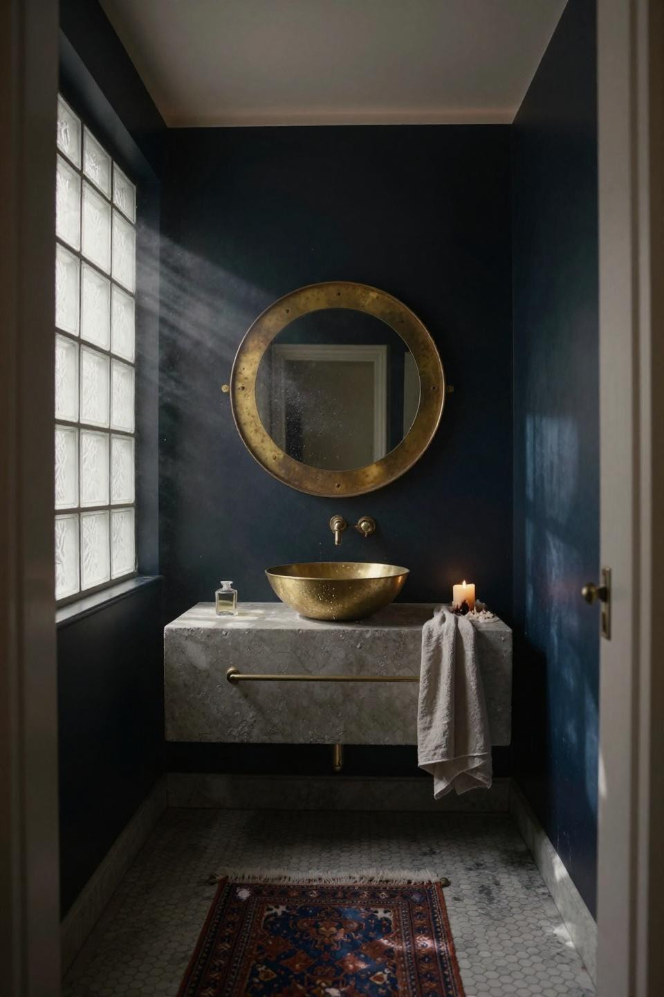 dark moody powder room with circular brass medicine cabinet reflecting candlelight