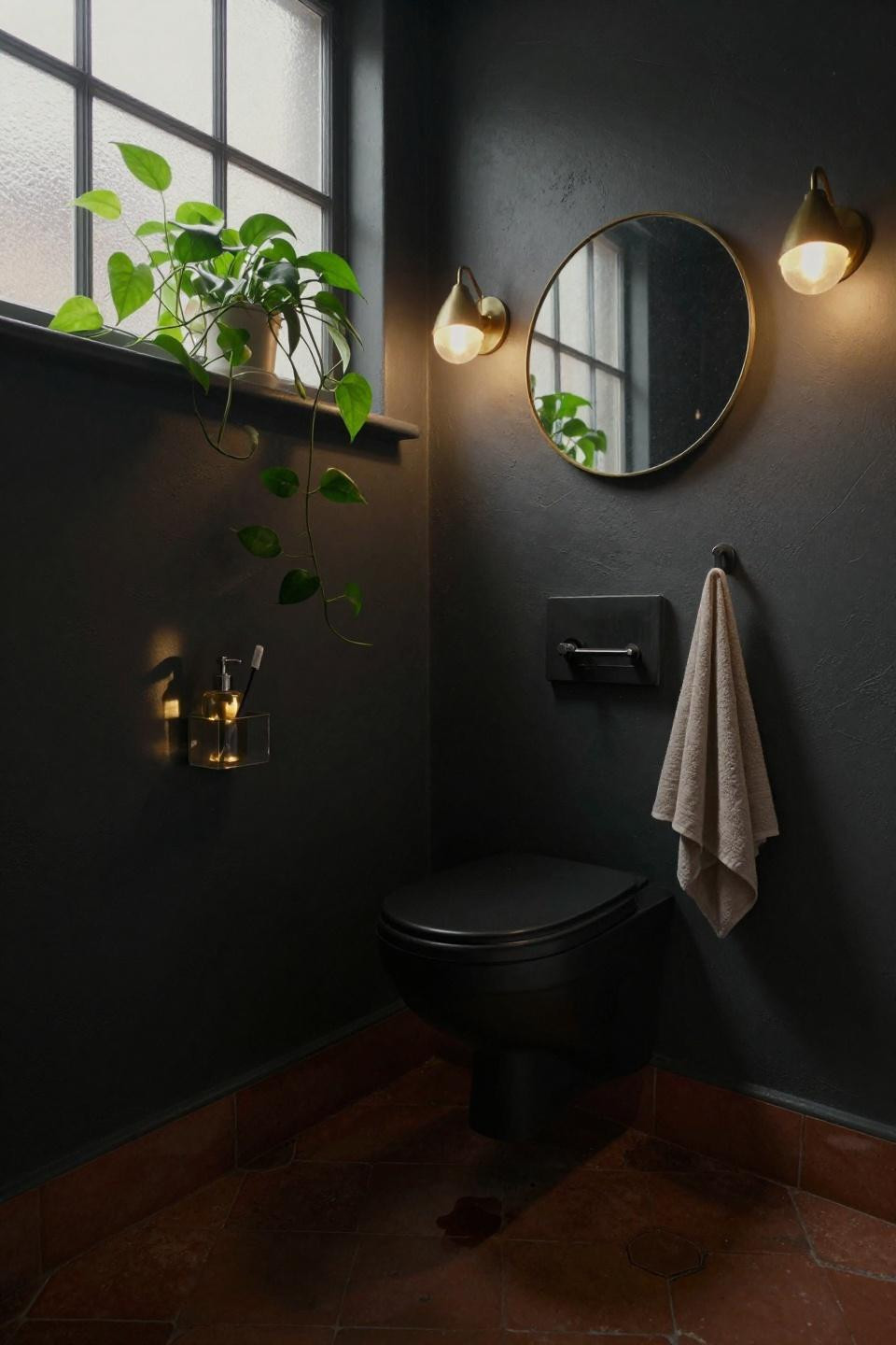 dark moody bathroom ideas with charcoal limewashed walls and terracotta hexagonal floor