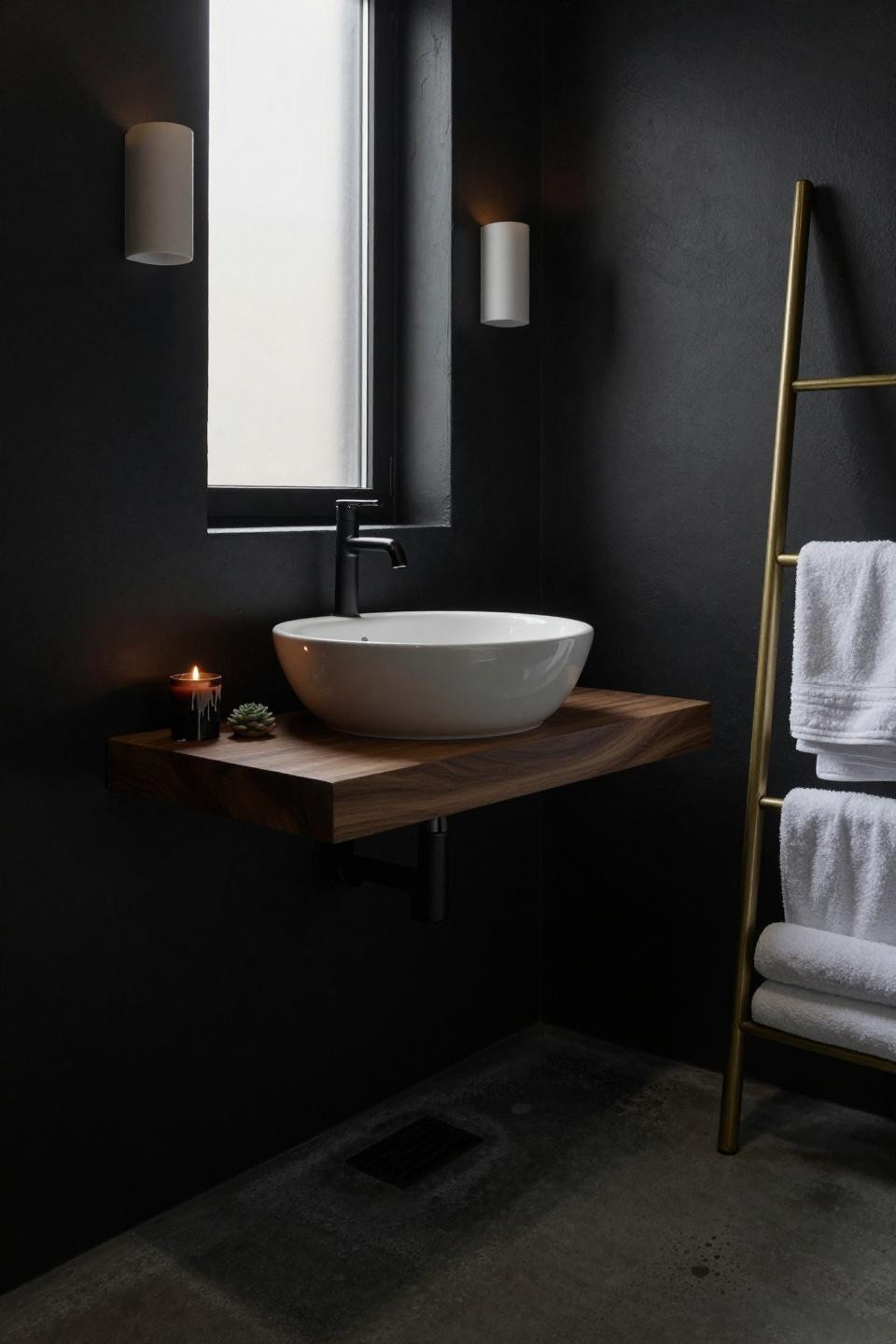 small moody bathroom with ceramic basin on walnut shelf against charcoal walls