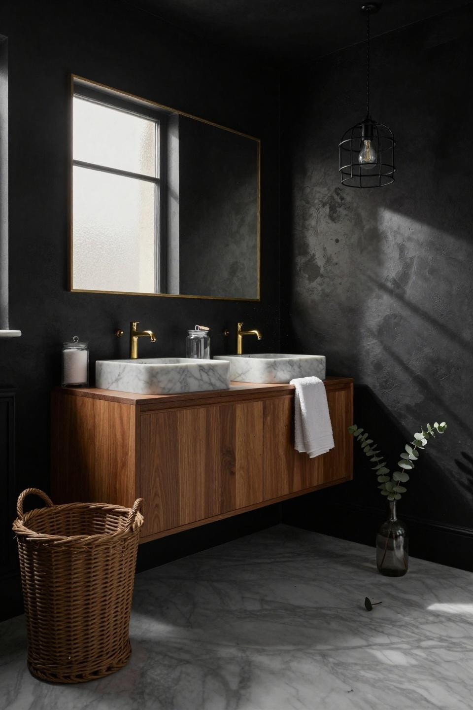dark bathroom design with walnut vanity and black walls under pendant lighting