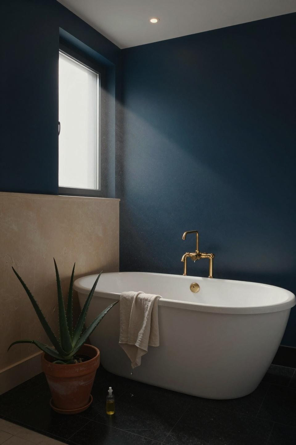 small dark bathroom with navy wall and sculptural white tub near brass filler