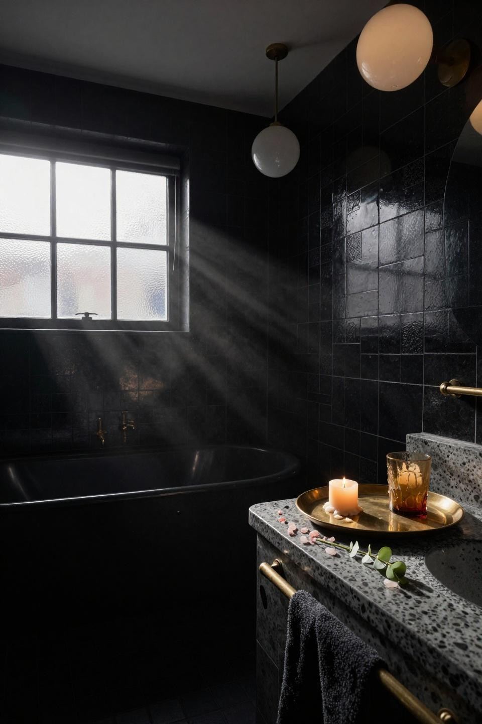 dark bathroom ideas modern with charcoal zellige tile and pink quartz terrazzo countertop