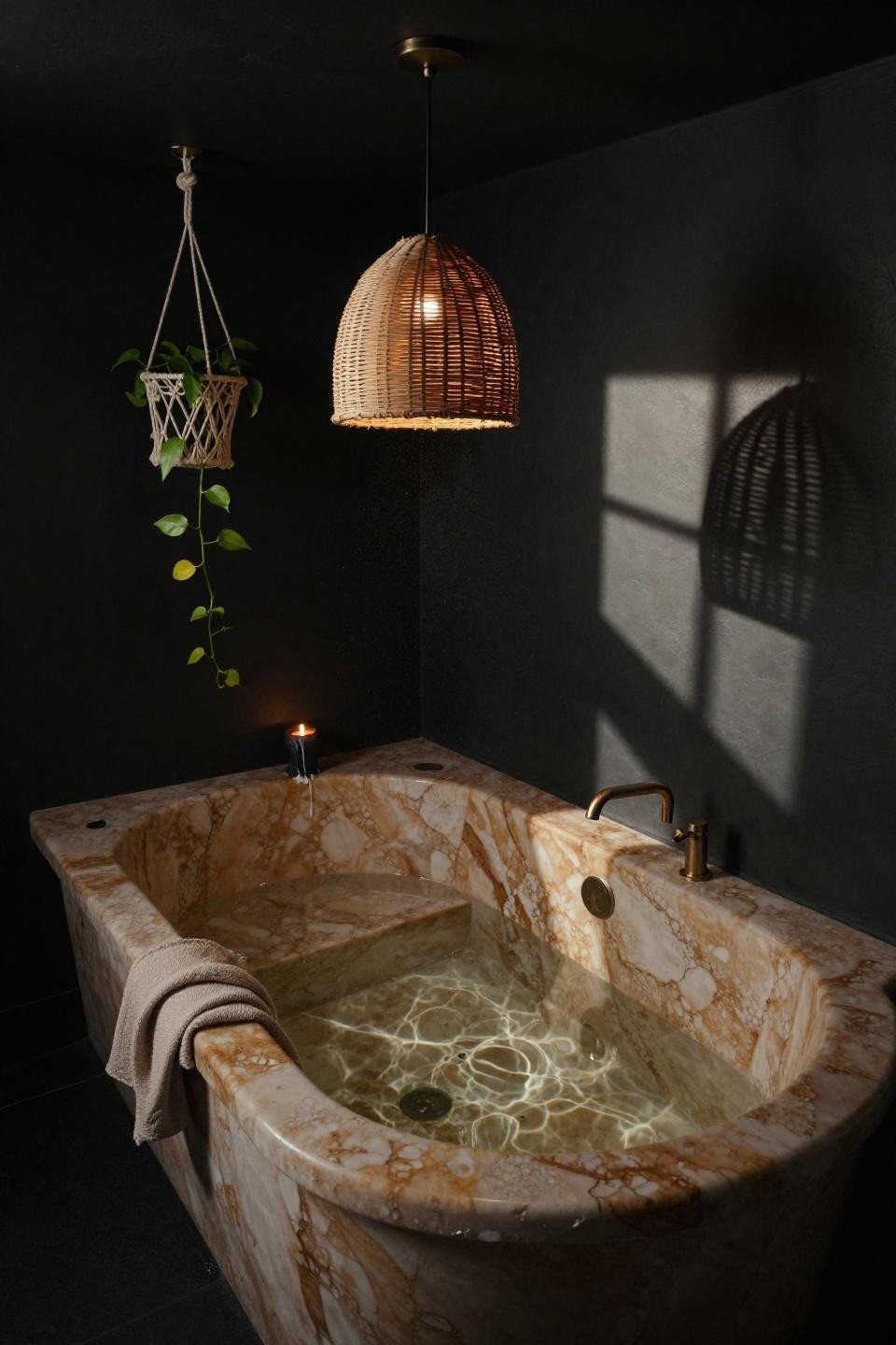 dark moody powder room with sunken book-matched travertine tub and hanging plants