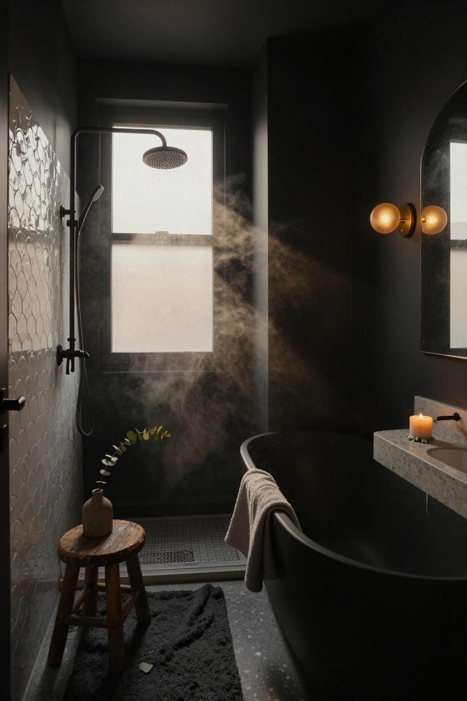 dark bathroom design with white fish-scale scallop tiles in walk-in shower