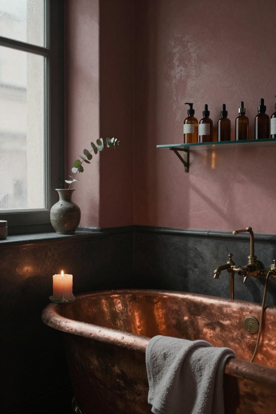small moody bathroom with rose venetian plaster walls and hammered copper tub