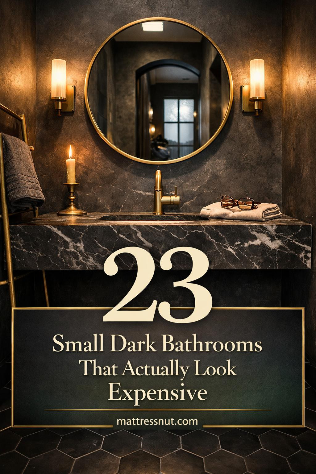 Compact bathroom featuring matte black walls, brass fixtures, marble countertop, and ambient lighting creating upscale ambiance