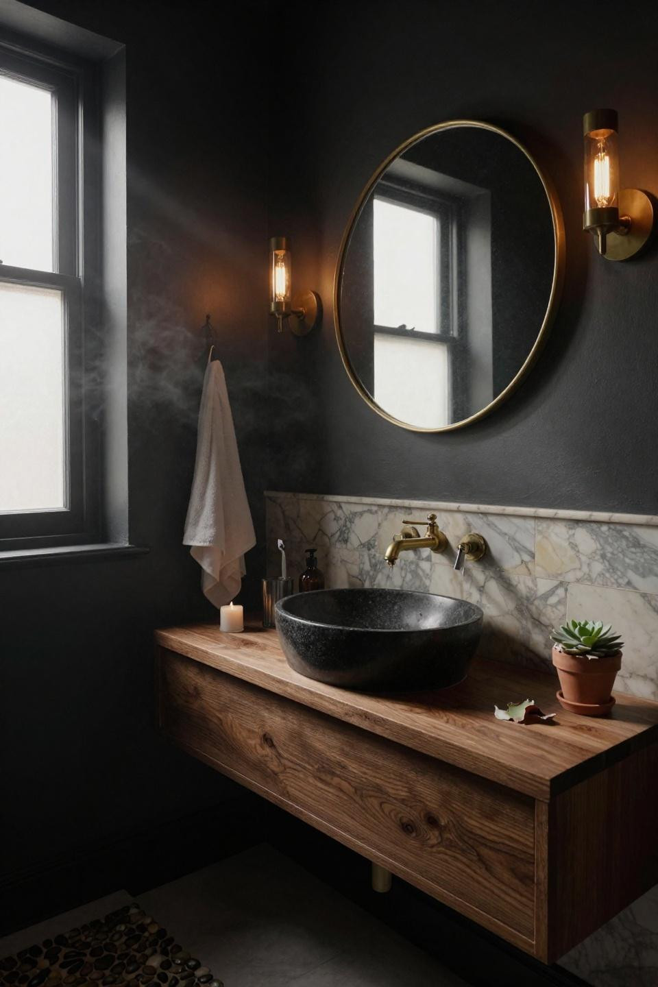 dark bathroom design with circular brass mirror and walnut floating vanity
