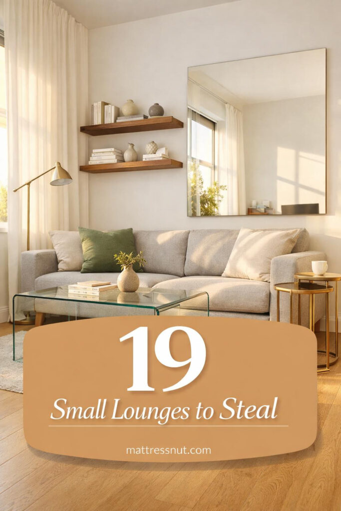 Compact living room with light walls, minimal furniture, mirrors, and vertical storage creating an airy spacious feel