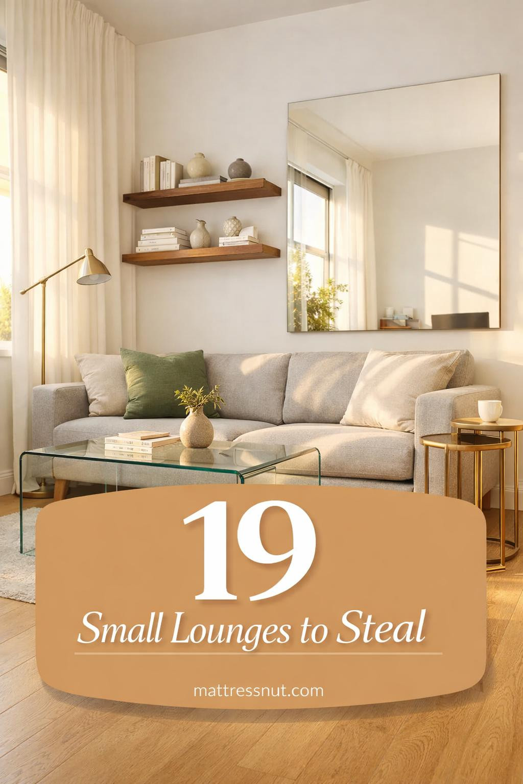 Compact living room with light walls, minimal furniture, mirrors, and vertical storage creating an airy spacious feel