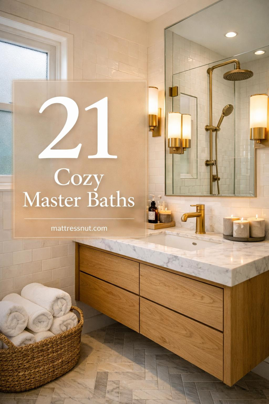 Compact master bathroom featuring white subway tiles, floating vanity, frameless glass shower, and natural light from window