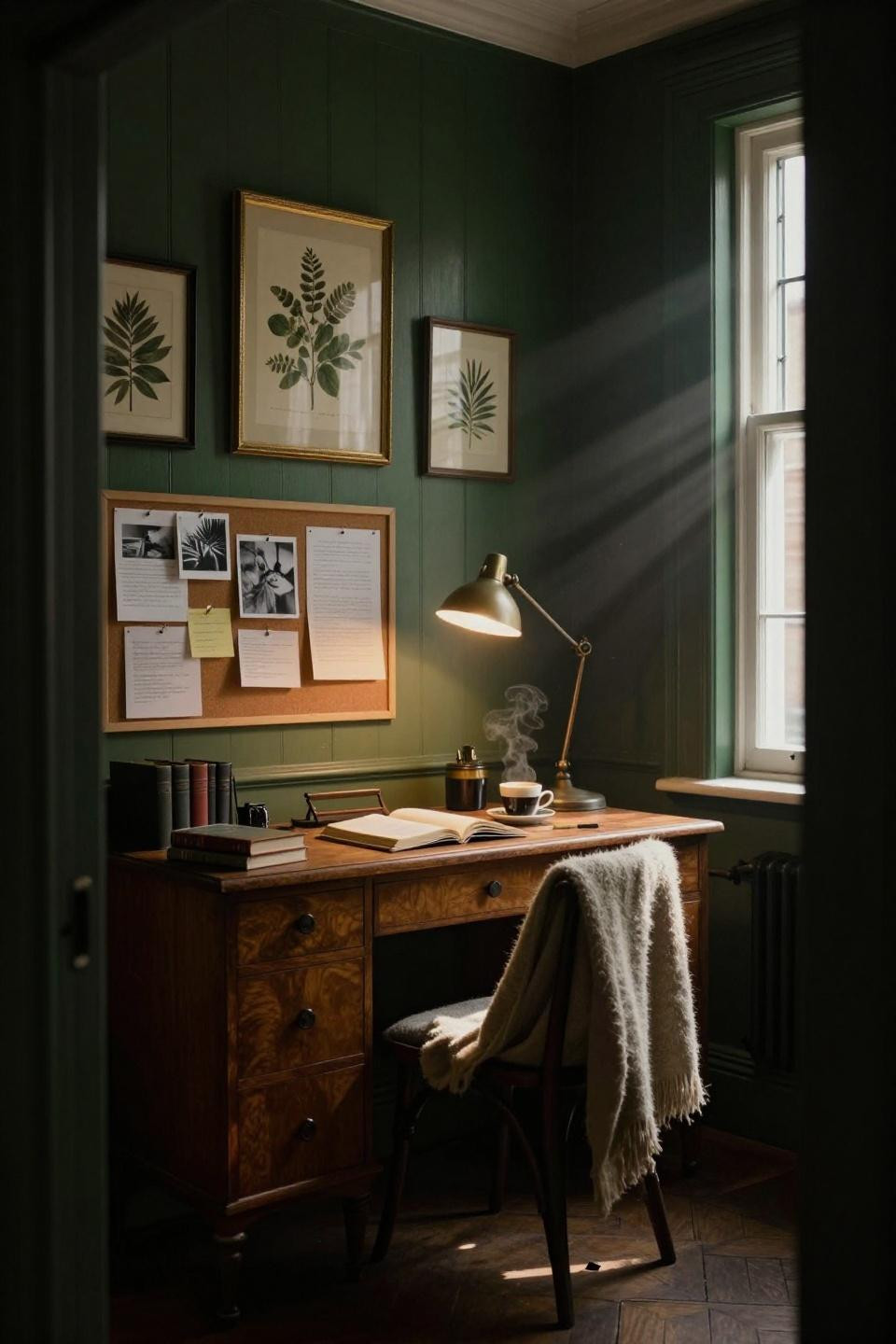 moody blue office framed through mahogany doorway with cork pinboard and walnut desk against forest green shiplap