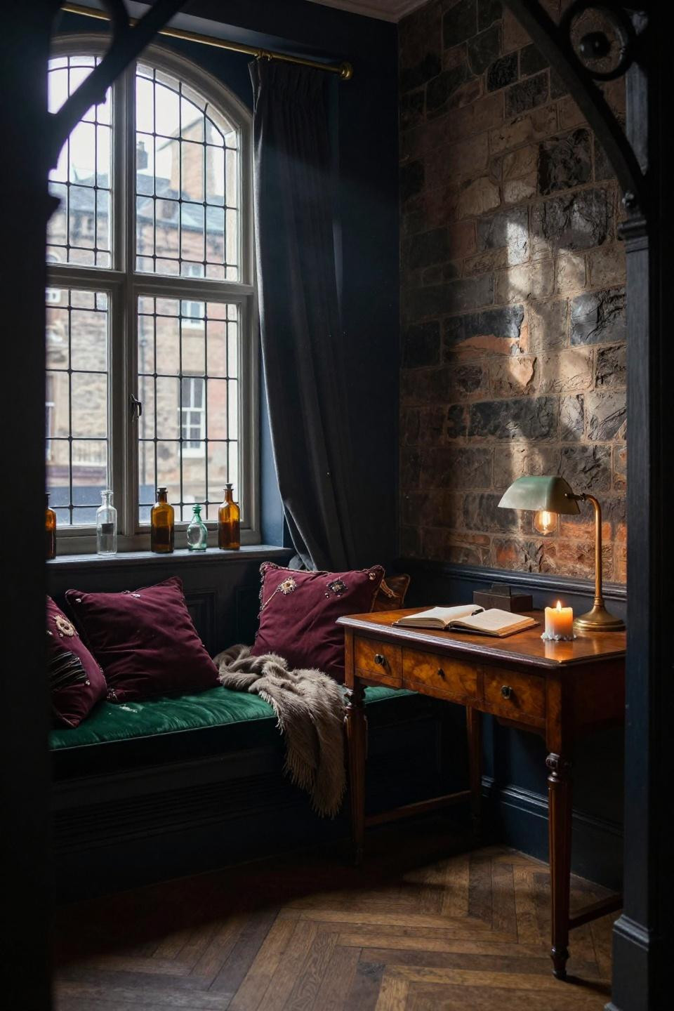 small moody office alcove with exposed brick walls and forest green velvet window seat beside leaded glass windows