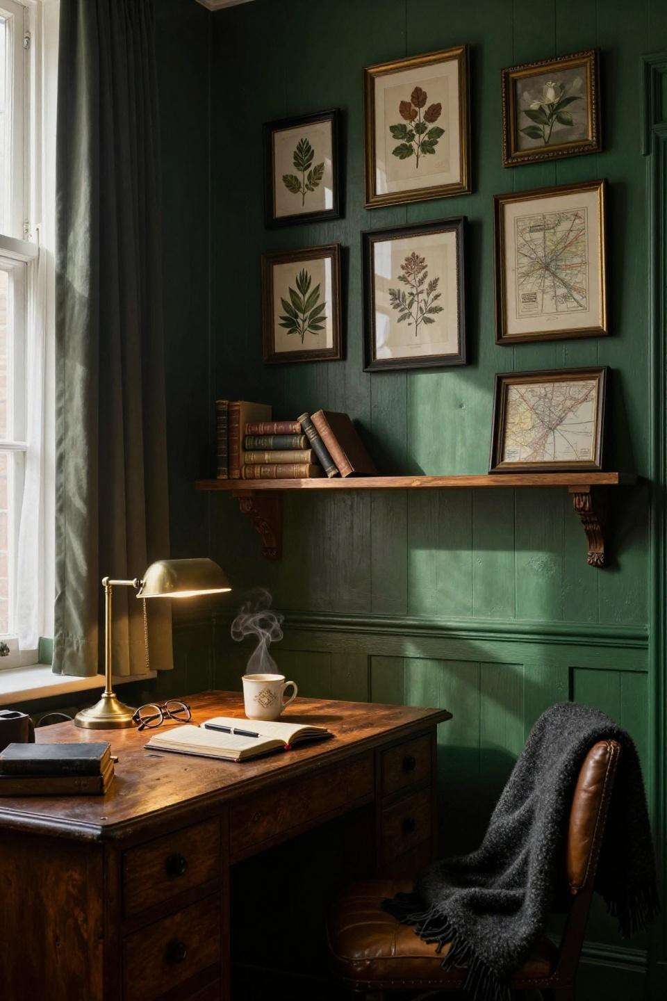dark and moody office with mismatched brass-framed botanical prints above vintage oak desk and green paneled walls