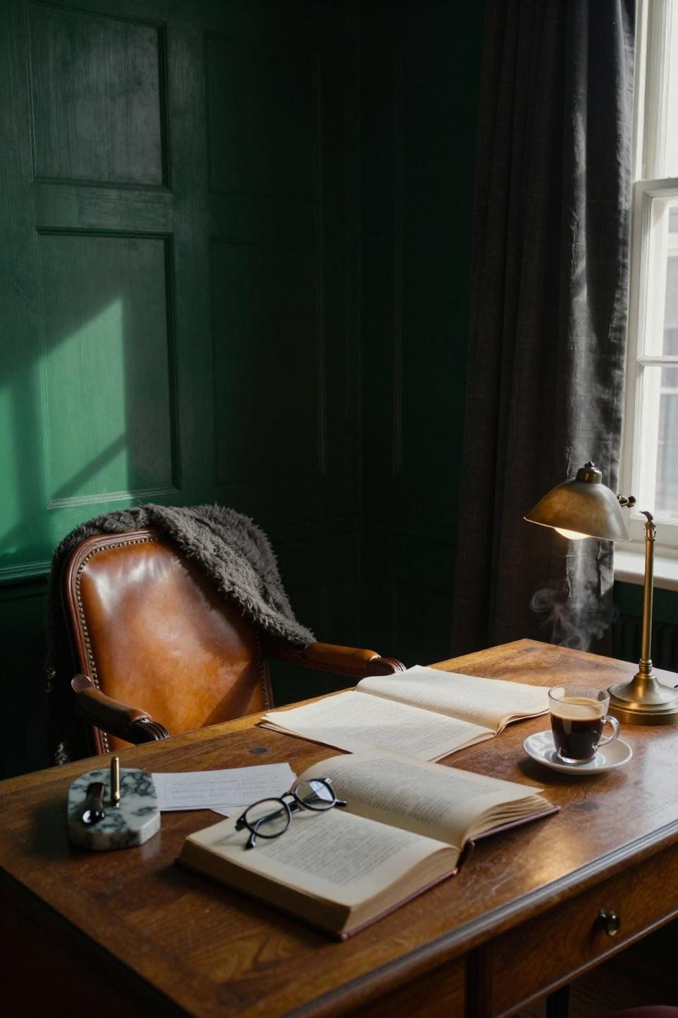 dark office aesthetic with vintage cane-back desk chair and deep forest green tongue-and-groove wall paneling