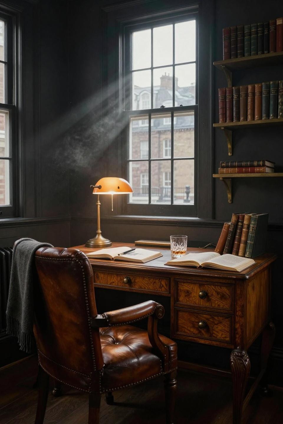moody office space with antique partners desk in honey-toned oak and cognac chesterfield chair with brass details