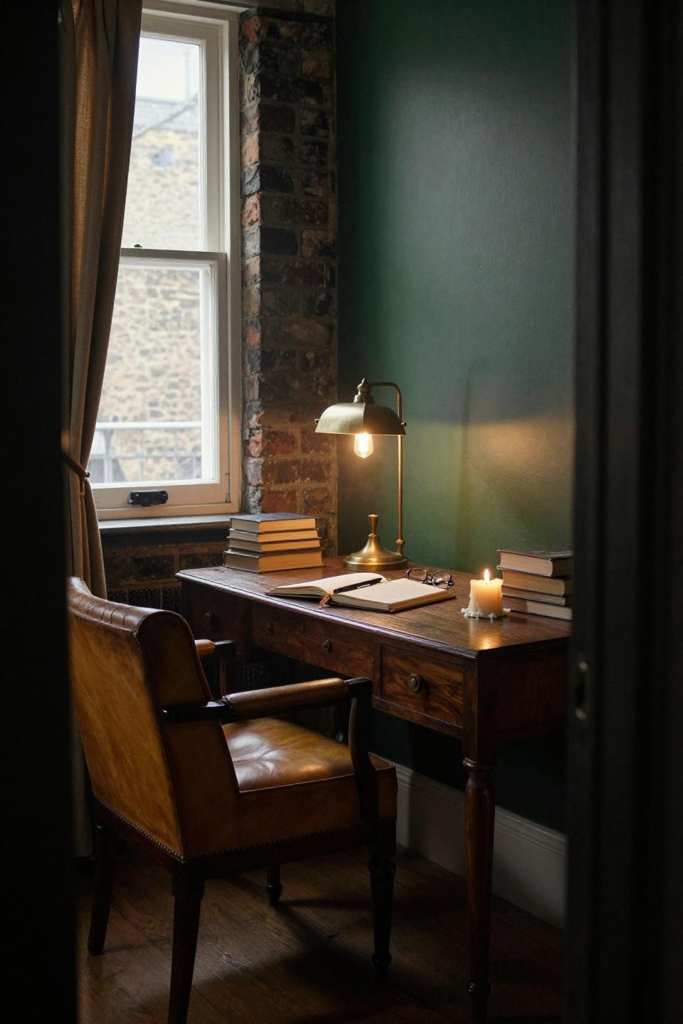 dark academia aesthetic office viewed through doorway with cognac leather chesterfield chair and forest green walls