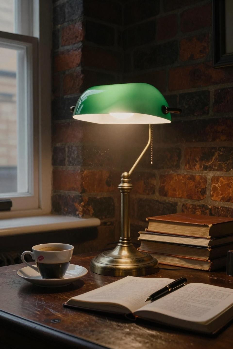 dark office room closeup of brass desk lamp with green glass shade casting warm light on leather journal and exposed brick