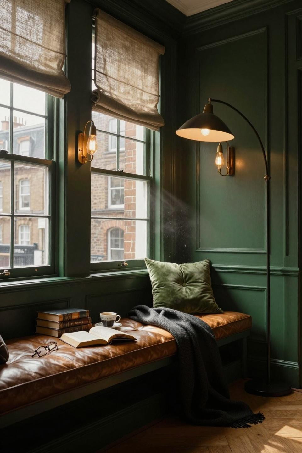 moody study room with floor-to-ceiling forest green paneling and cognac leather tufted window seat