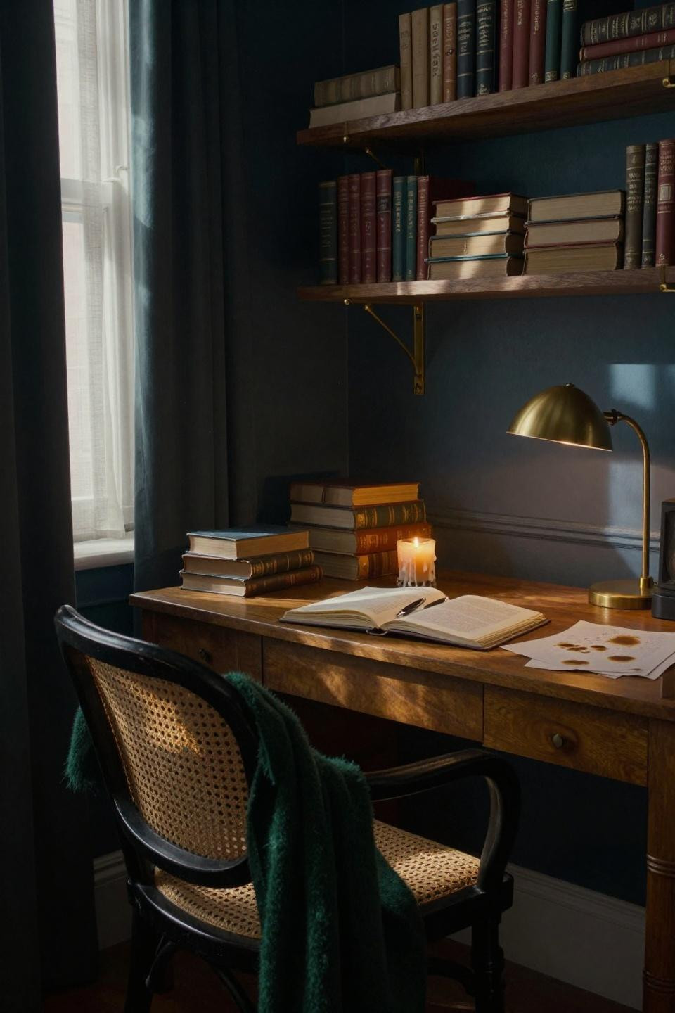 moody green office with deep charcoal walls and honey-toned walnut desk beside french cane-back chair with brass shelving