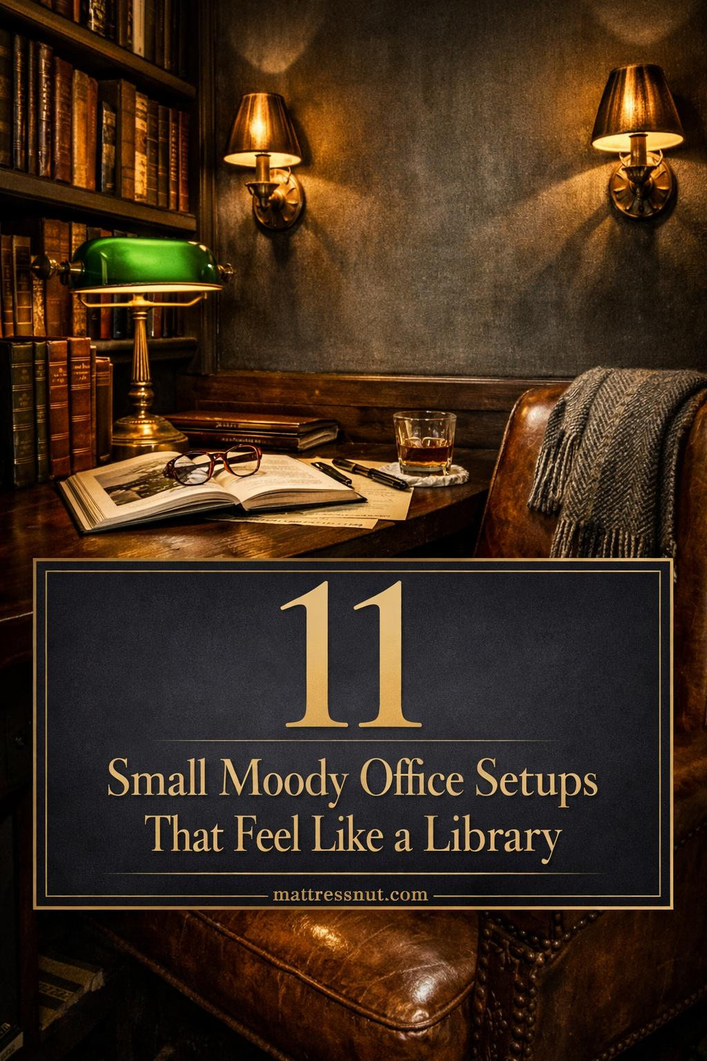 Intimate home office featuring charcoal walls, wooden desk, brass lamp, leather chair, and floor-to-ceiling bookshelves