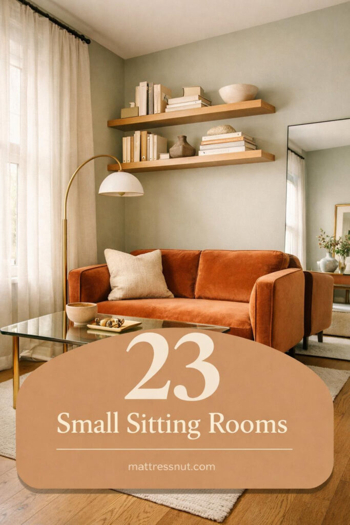 Compact sitting room featuring light-colored sofa, wall-mounted shelves, strategic mirror placement, and minimal furniture arrangement