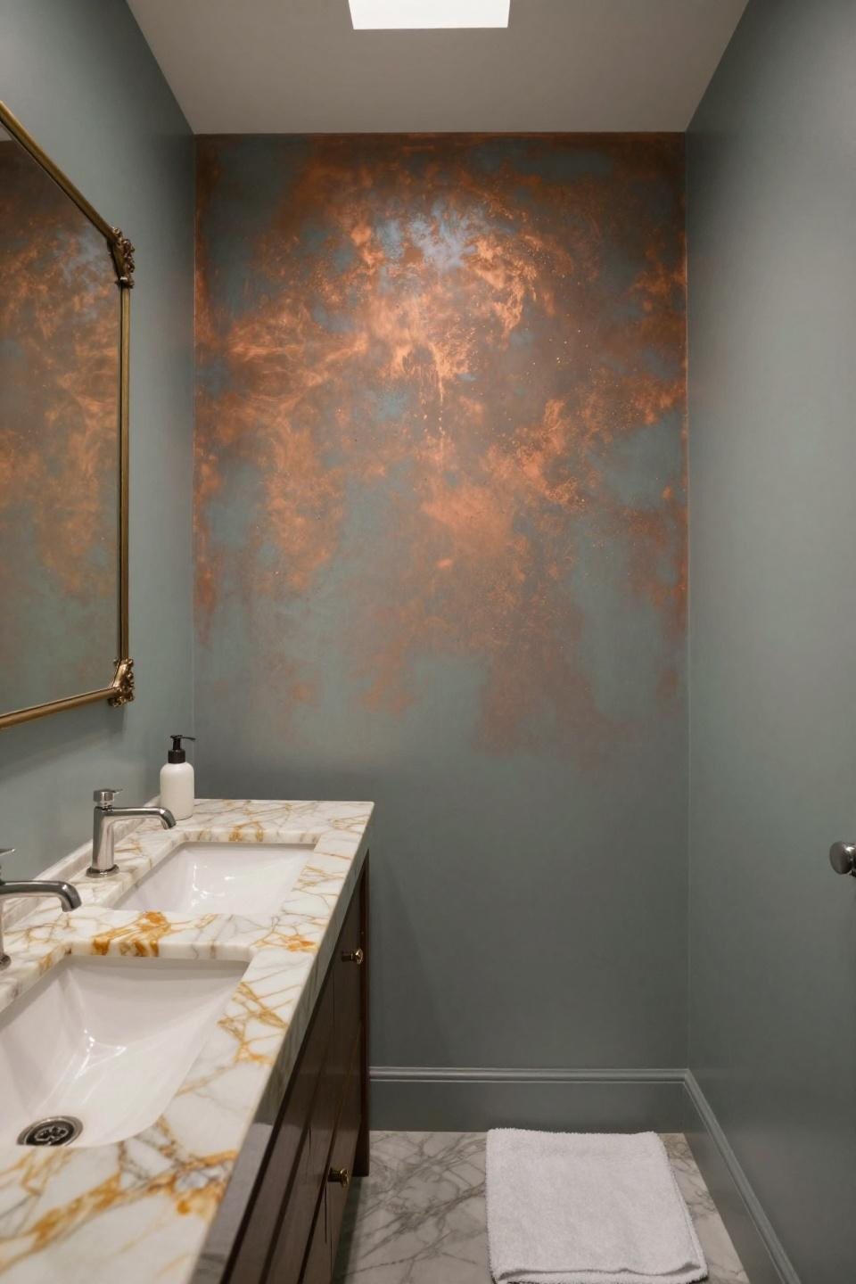 sherwin williams bathroom colors in oxidized copper-meets-seafoam with calacatta gold marble vanity and brass fixtures