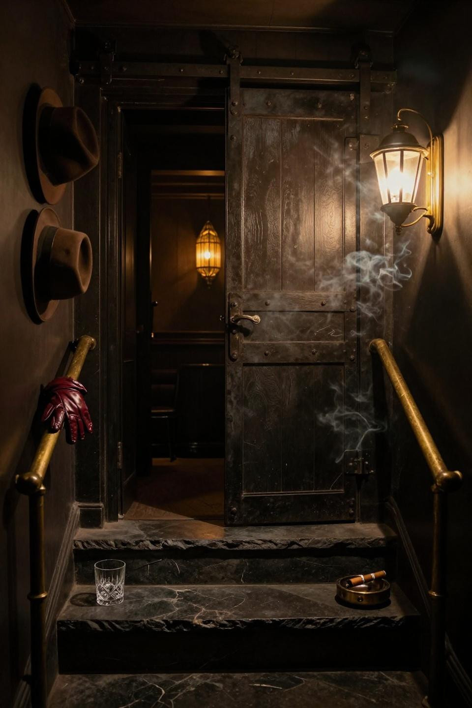 basement speakeasy home - steel barn door with coach lantern