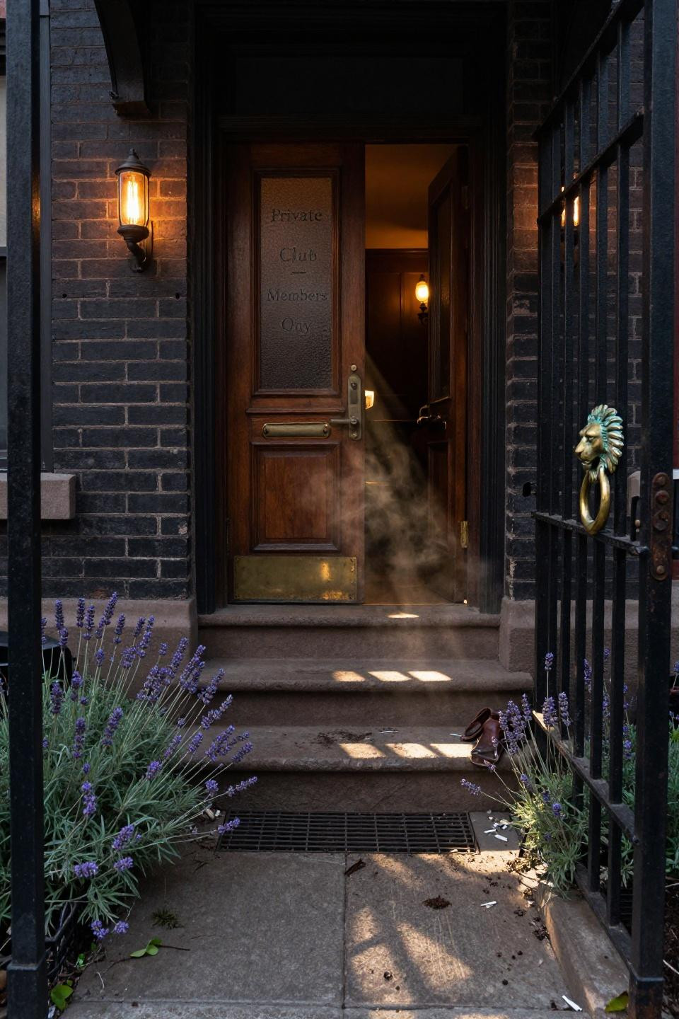 1920s speakeasy aesthetic - brick steps descending to brass door
