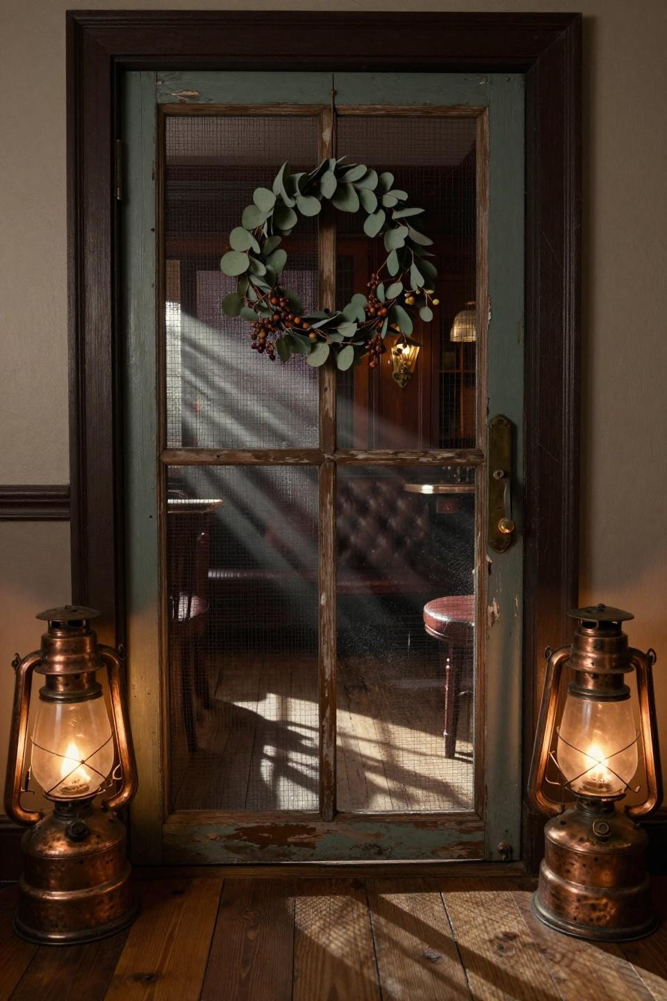 speakeasy party decorations - rustic screen door with copper lanterns
