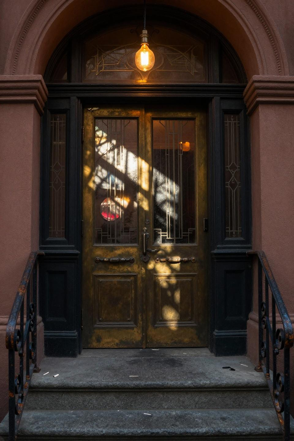 1920s bar - terracotta archway speakeasy entrance with brass door