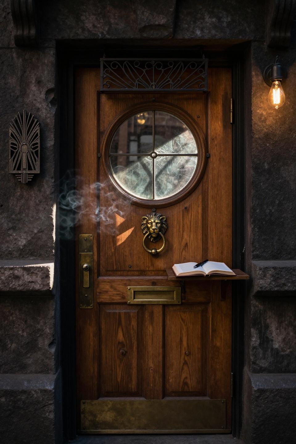 1920s bar - reclaimed oak door with brass porthole window