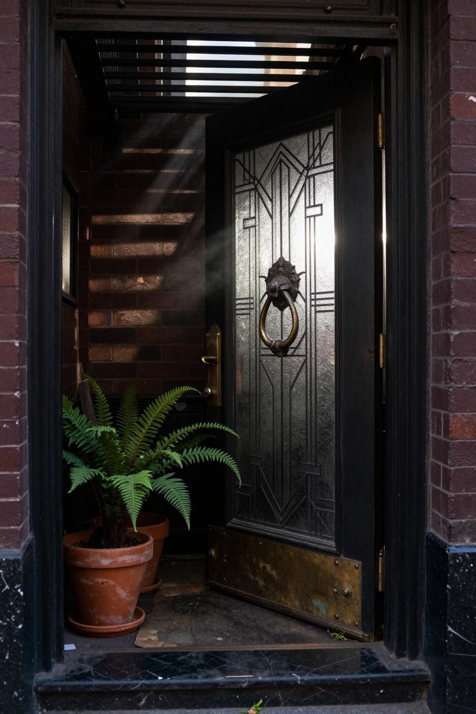 speakeasy lounge - frosted glass pocket door with Art Deco pattern