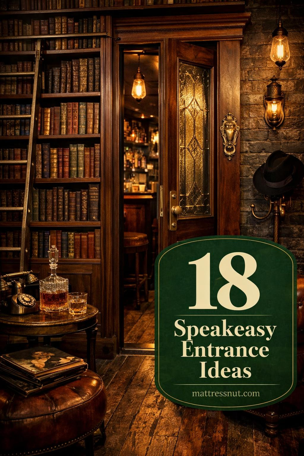 Concealed speakeasy door featuring brass hardware, dark wood paneling, rich leather upholstery, and dim ambient lighting