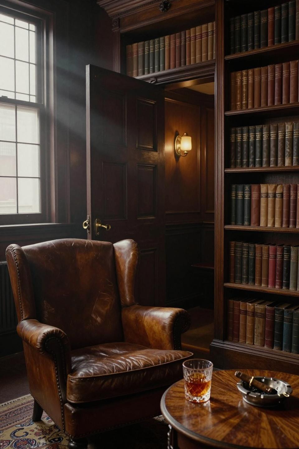 modern speakeasy - hidden bookshelf door with brass mechanism