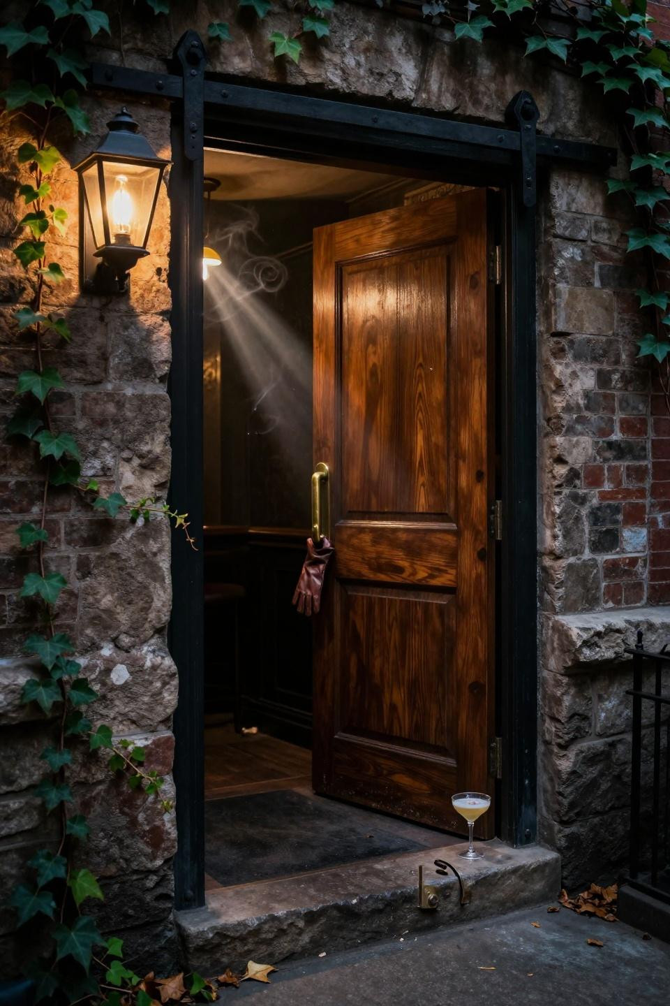 prohibition bar - blackened steel barn door with ivy cascade