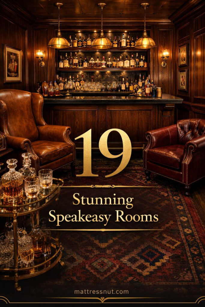Dark speakeasy lounge featuring rich walnut wood bar, vintage leather armchairs, crystal decanters, and moody ambient lighting