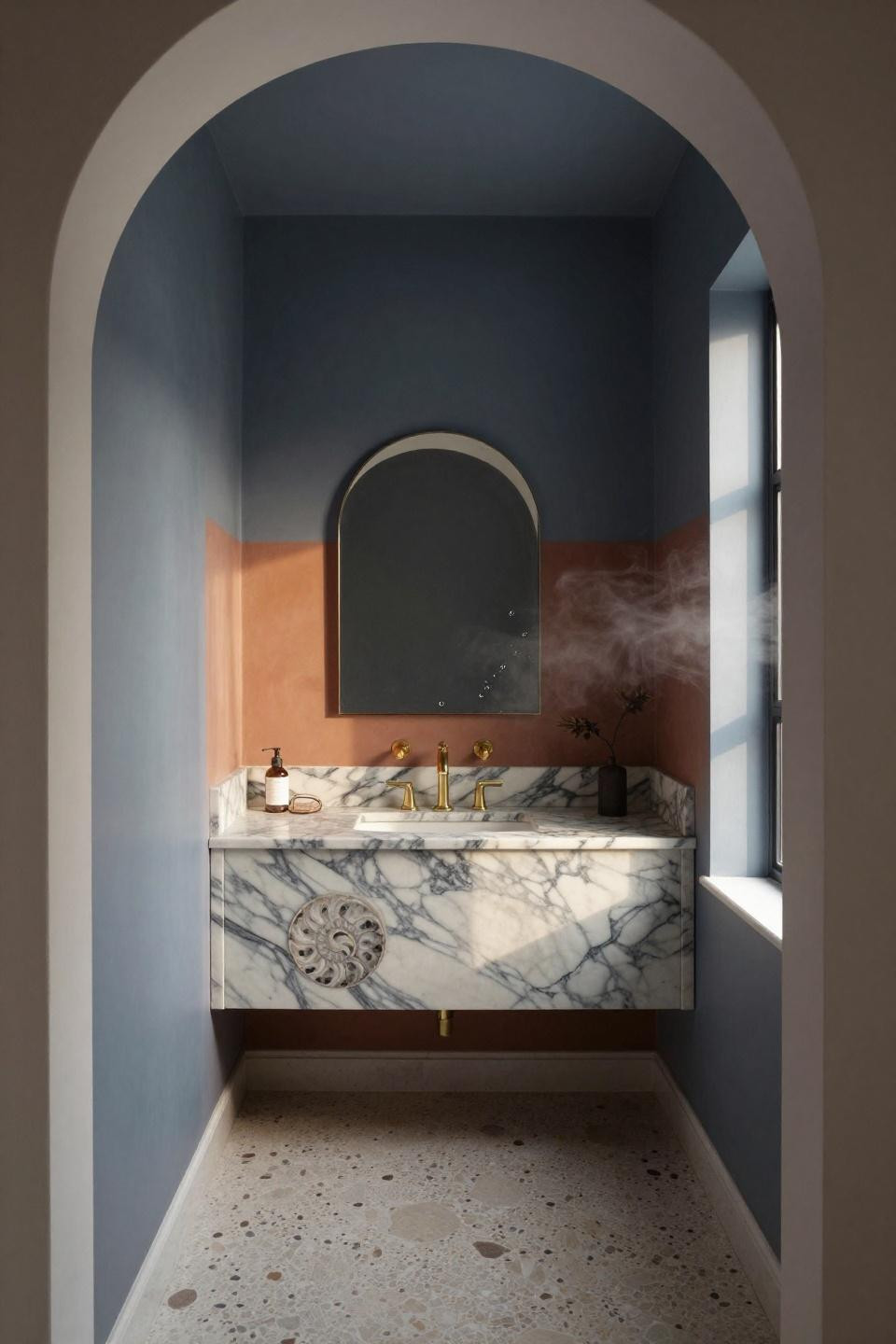 storm-cloud blue-grey and warm terracotta trending bathroom colors with hand-applied venetian plaster and marble vanity