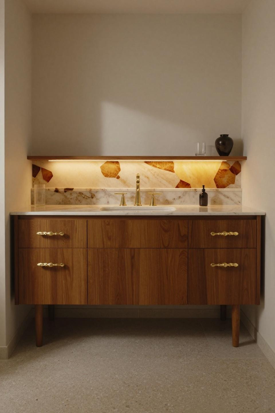 mid century modern bathroom teak vanity brass pulls backlit onyx shelf vintage japanese pottery fragments travertine floor geometric shadows