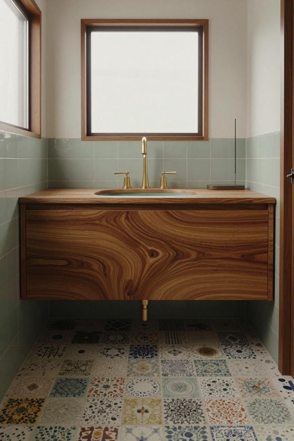 mid century modern bathroom floating teak vanity unlacquered brass terrazzo floor vintage ceramic tile fragments sage tile accent wall