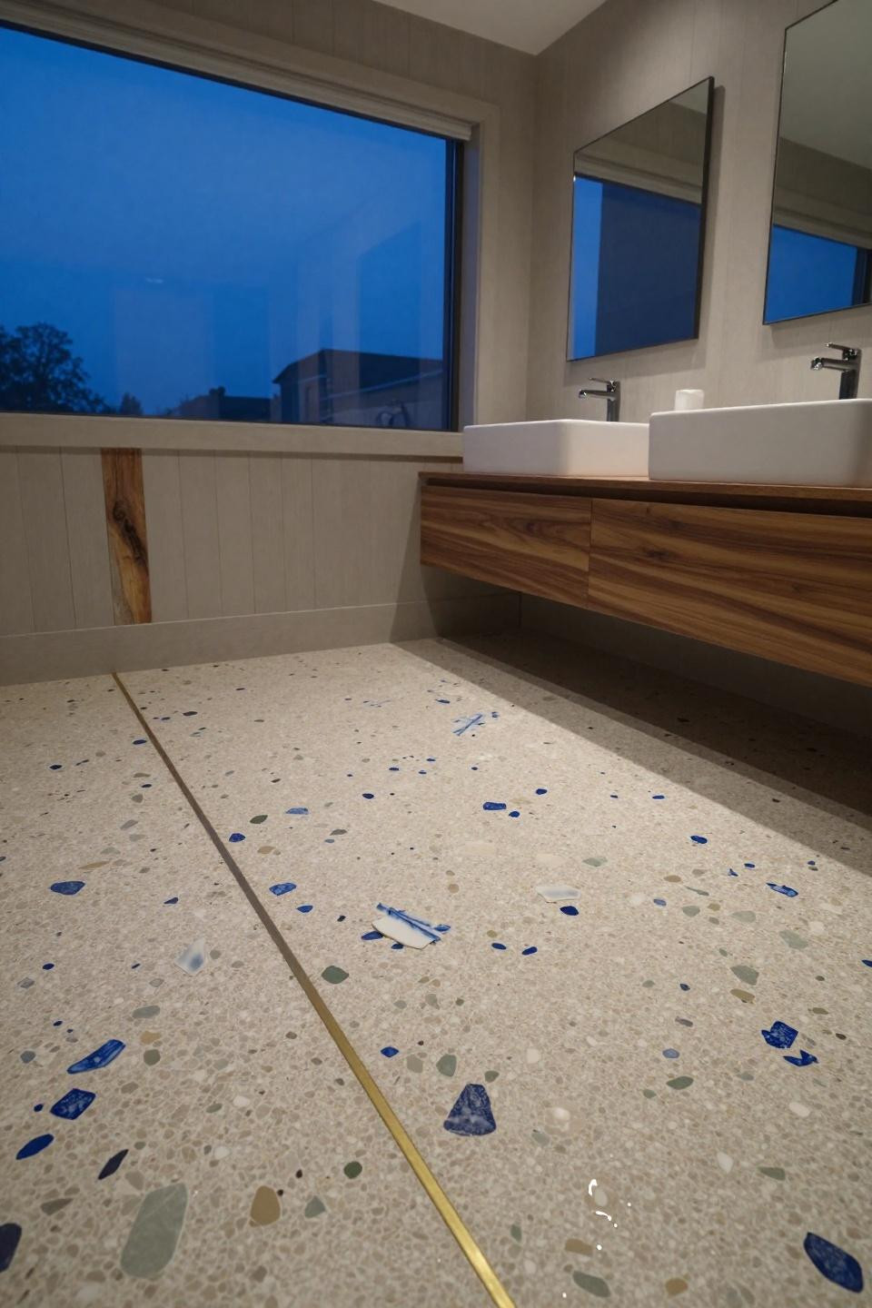 bathroom flooring ideas with oversized terrazzo in cream and sage featuring genuine 1880s delftware porcelain shards embedded in aggregate