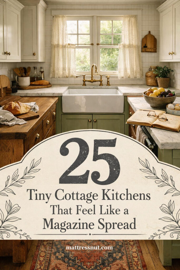 Compact cottage kitchen featuring white cabinetry, open wooden shelving, vintage accessories, farmhouse sink, and natural light streaming through small windows