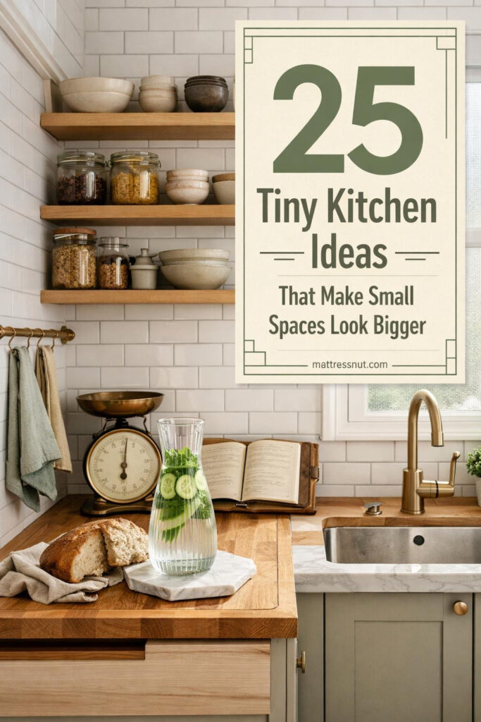 Compact galley kitchen with white cabinets, open shelving, subway tile backsplash, and space-saving organization