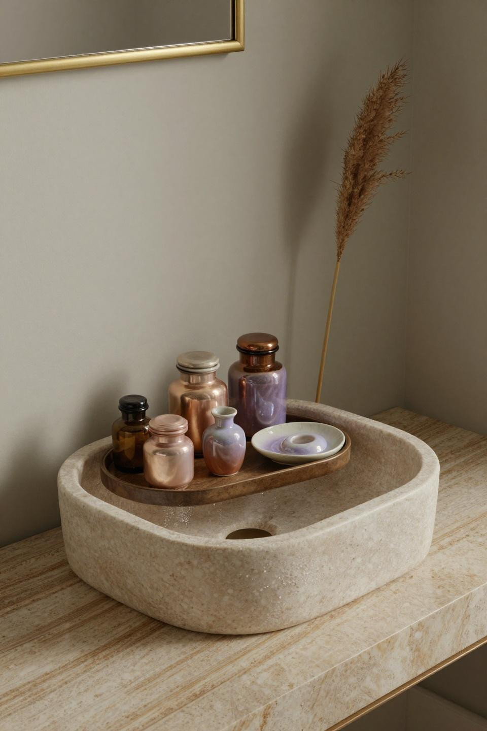 travertine vessel sink with unlacquered brass mirror vintage apothecary jars and ceramic soap dish with pearlescent glaze
