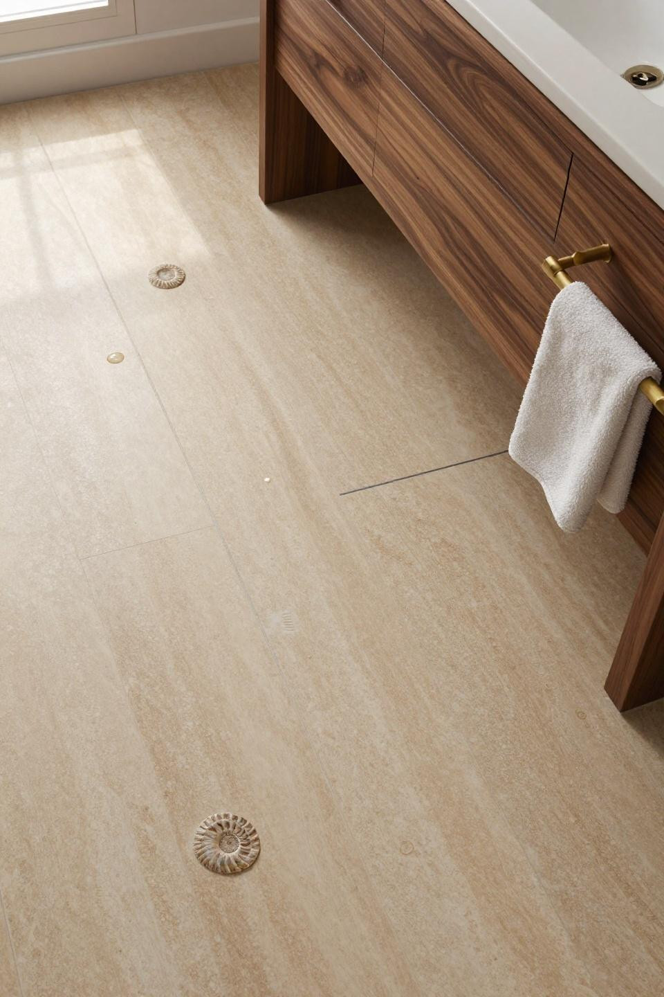 bathroom flooring ideas with unfilled travertine honey gold planks and fossilized ammonite shells catching morning skylight