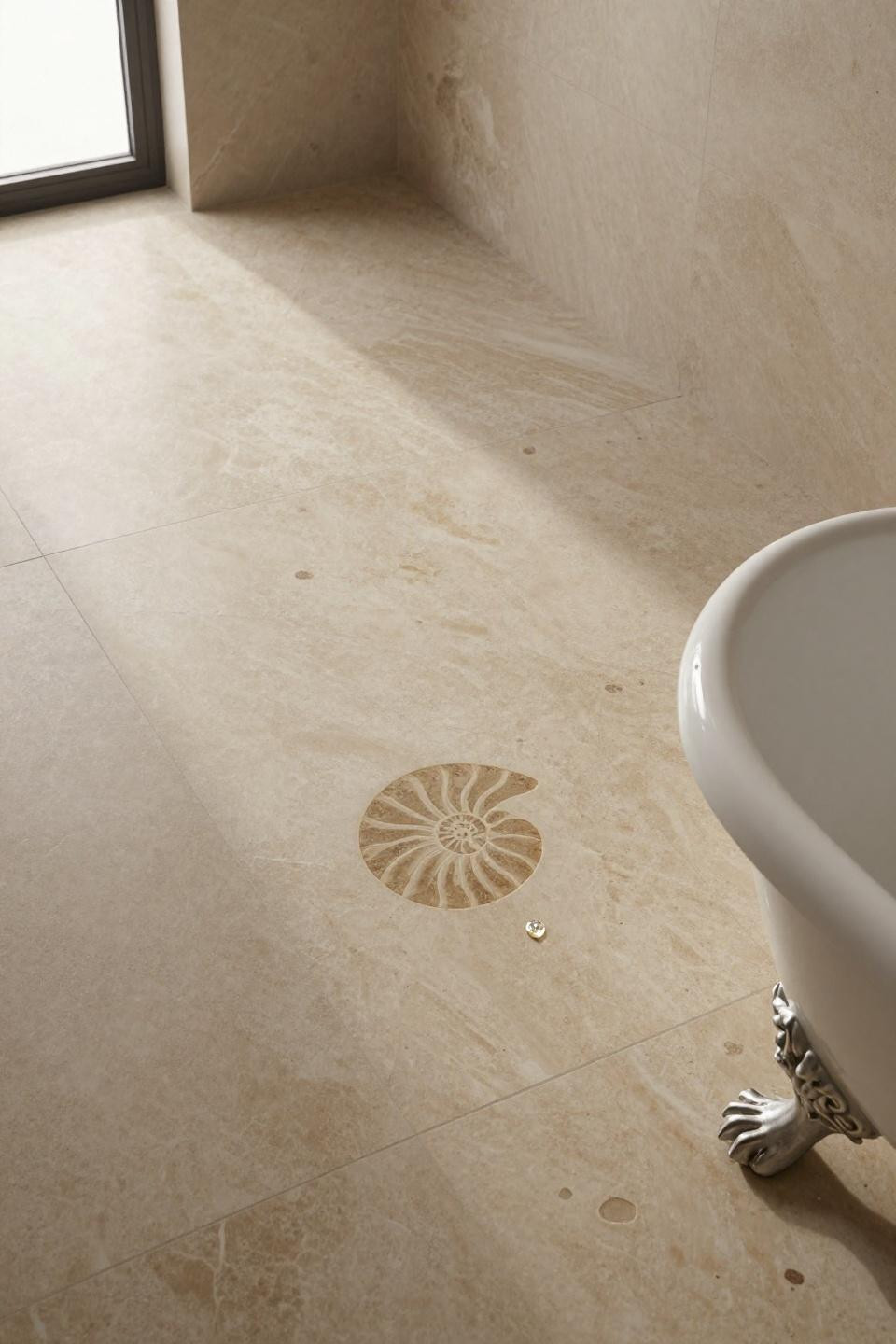 bathroom flooring ideas showing large format unfilled travertine tiles with natural fossils and ochre veining near clawfoot tub