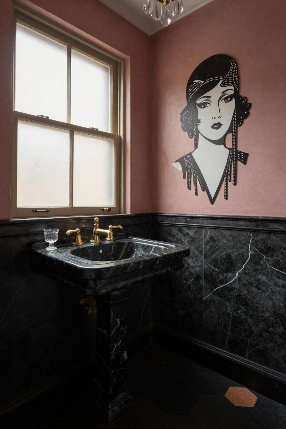 vintage bathroom black nero marquina marble pedestal sink with unlacquered brass art deco fixtures and dusty rose venetian plaster walls