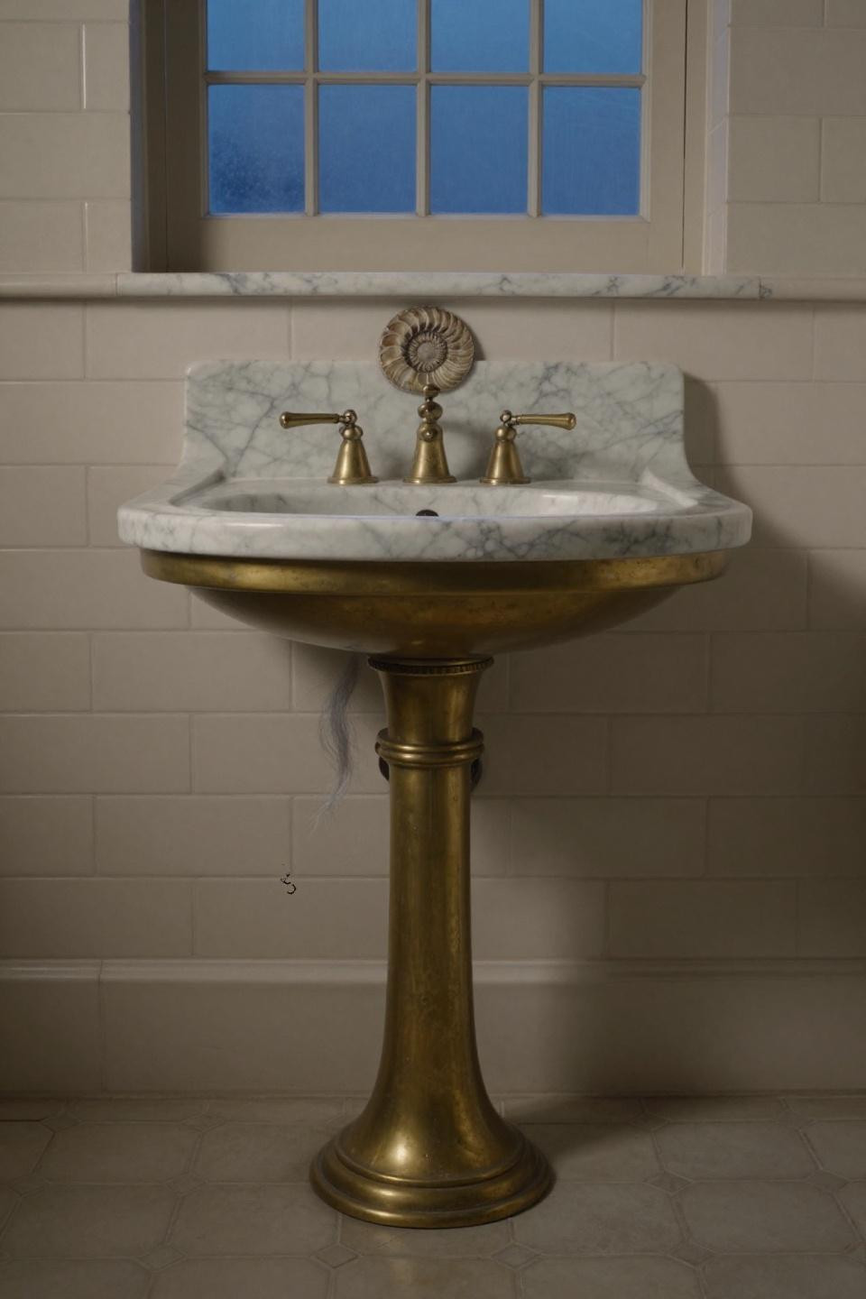 vintage bathroom 1920s pedestal sink with unlacquered brass and carrara marble backsplash in blue morning light