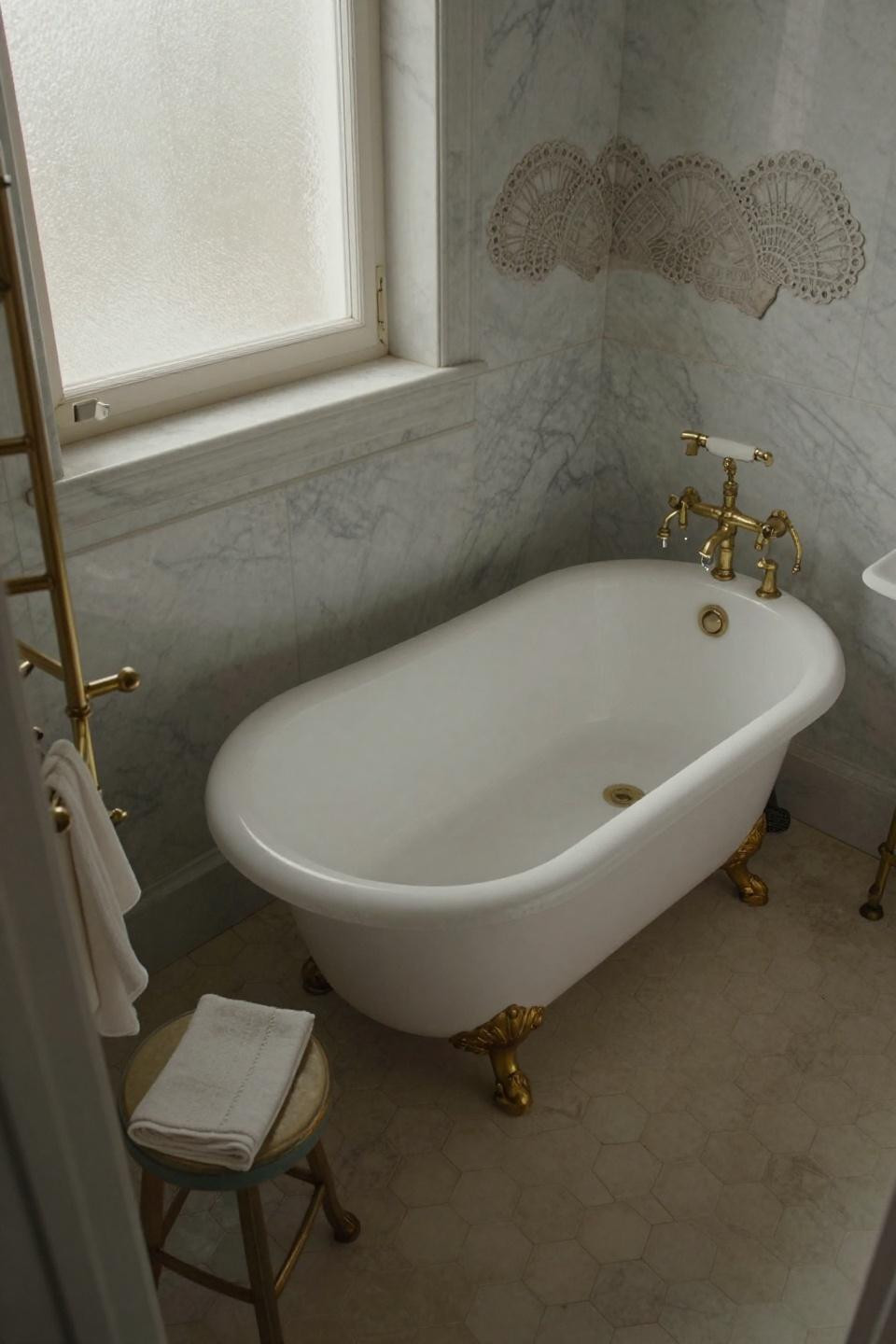 vintage bathroom freestanding clawfoot tub centered on hexagonal tiles with floor-to-ceiling carrara marble walls